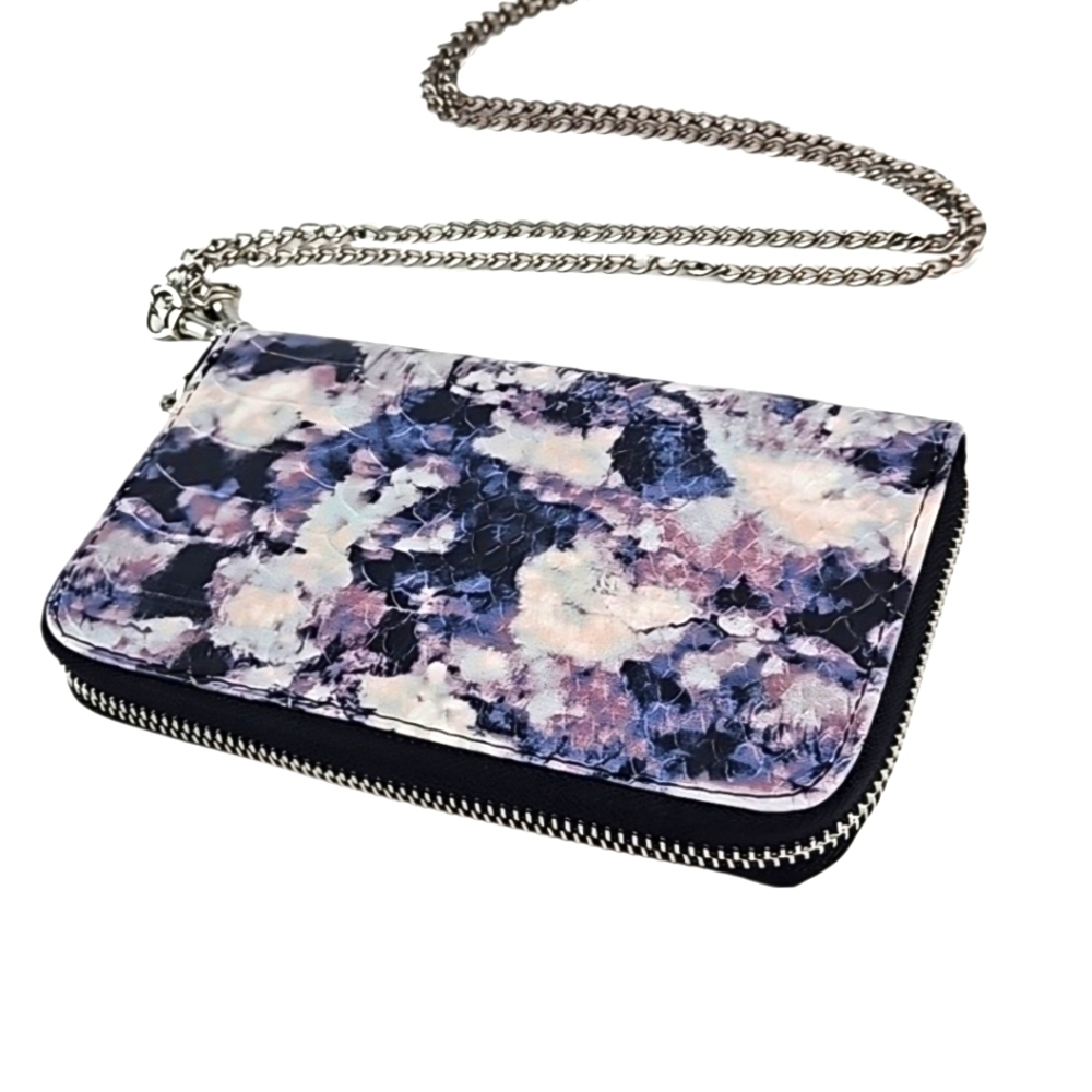 Purple Wallet Chain Purse Zip Close Watercolor Design Clutch